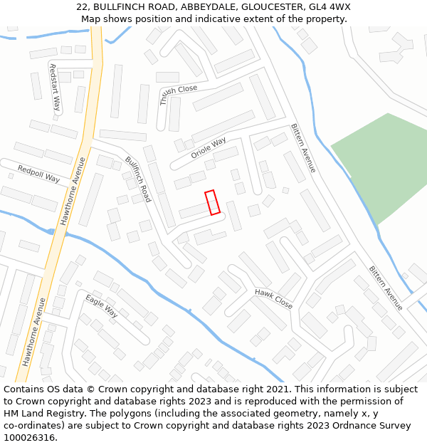 22, BULLFINCH ROAD, ABBEYDALE, GLOUCESTER, GL4 4WX: Location map and indicative extent of plot