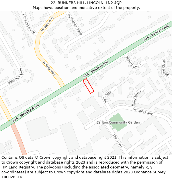 22, BUNKERS HILL, LINCOLN, LN2 4QP: Location map and indicative extent of plot