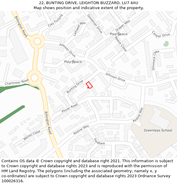 22, BUNTING DRIVE, LEIGHTON BUZZARD, LU7 4AU: Location map and indicative extent of plot