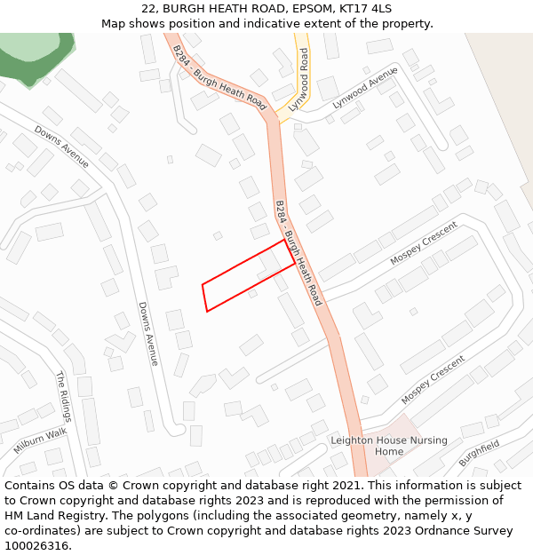 22, BURGH HEATH ROAD, EPSOM, KT17 4LS: Location map and indicative extent of plot