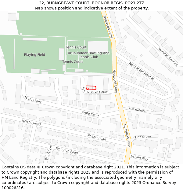 22, BURNGREAVE COURT, BOGNOR REGIS, PO21 2TZ: Location map and indicative extent of plot