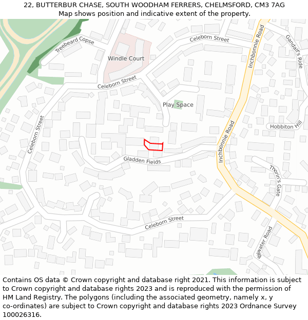 22, BUTTERBUR CHASE, SOUTH WOODHAM FERRERS, CHELMSFORD, CM3 7AG: Location map and indicative extent of plot