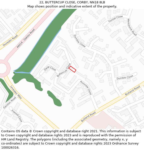 22, BUTTERCUP CLOSE, CORBY, NN18 8LB: Location map and indicative extent of plot