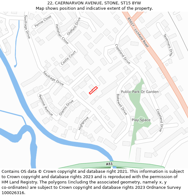 22, CAERNARVON AVENUE, STONE, ST15 8YW: Location map and indicative extent of plot