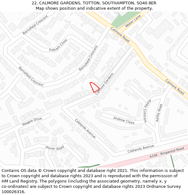 22, CALMORE GARDENS, TOTTON, SOUTHAMPTON, SO40 8ER: Location map and indicative extent of plot