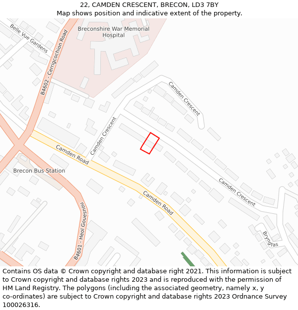 22, CAMDEN CRESCENT, BRECON, LD3 7BY: Location map and indicative extent of plot