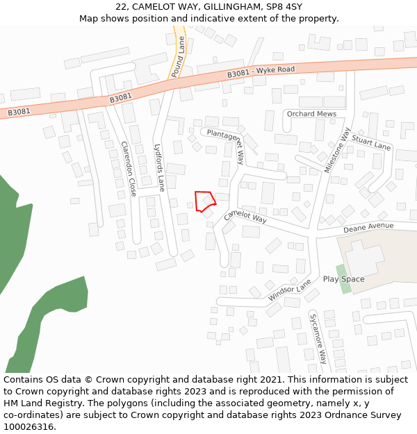 22, CAMELOT WAY, GILLINGHAM, SP8 4SY: Location map and indicative extent of plot