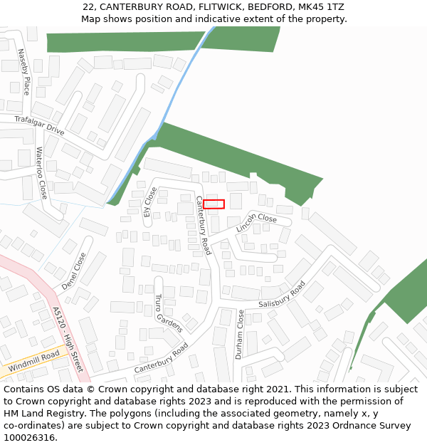 22, CANTERBURY ROAD, FLITWICK, BEDFORD, MK45 1TZ: Location map and indicative extent of plot