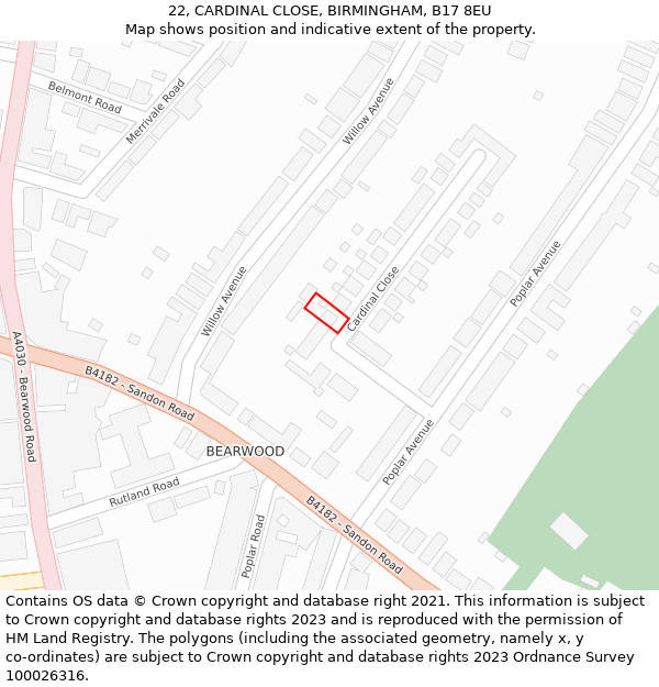 22, CARDINAL CLOSE, BIRMINGHAM, B17 8EU: Location map and indicative extent of plot