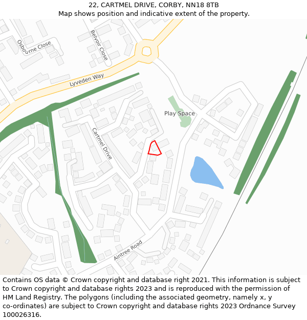 22, CARTMEL DRIVE, CORBY, NN18 8TB: Location map and indicative extent of plot