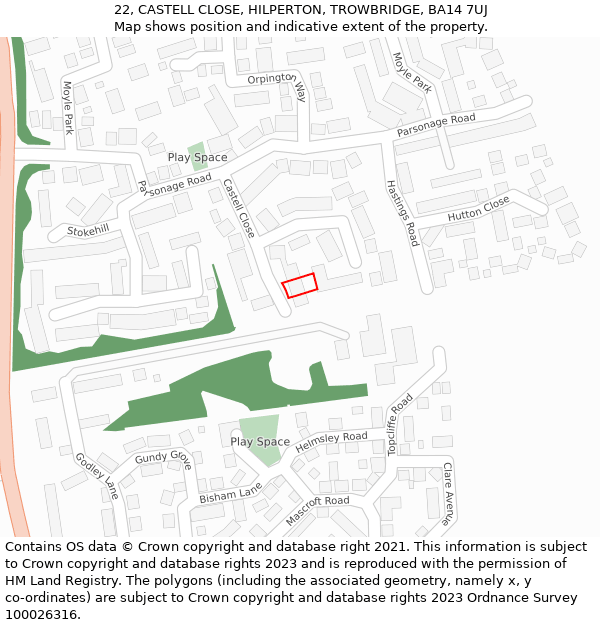 22, CASTELL CLOSE, HILPERTON, TROWBRIDGE, BA14 7UJ: Location map and indicative extent of plot