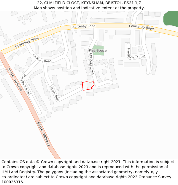 22, CHALFIELD CLOSE, KEYNSHAM, BRISTOL, BS31 1JZ: Location map and indicative extent of plot