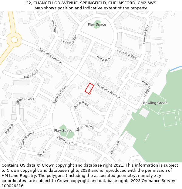 22, CHANCELLOR AVENUE, SPRINGFIELD, CHELMSFORD, CM2 6WS: Location map and indicative extent of plot