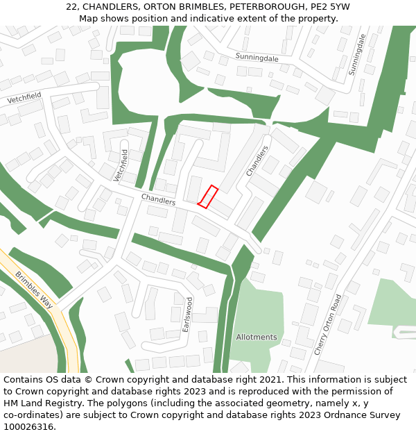 22, CHANDLERS, ORTON BRIMBLES, PETERBOROUGH, PE2 5YW: Location map and indicative extent of plot