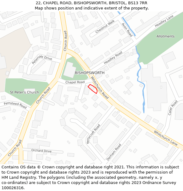 22, CHAPEL ROAD, BISHOPSWORTH, BRISTOL, BS13 7RR: Location map and indicative extent of plot