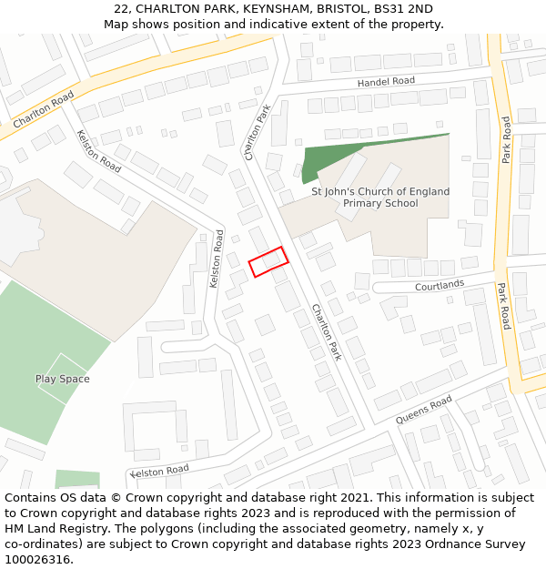 22, CHARLTON PARK, KEYNSHAM, BRISTOL, BS31 2ND: Location map and indicative extent of plot