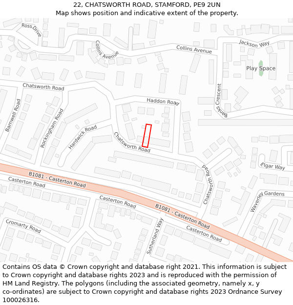 22, CHATSWORTH ROAD, STAMFORD, PE9 2UN: Location map and indicative extent of plot