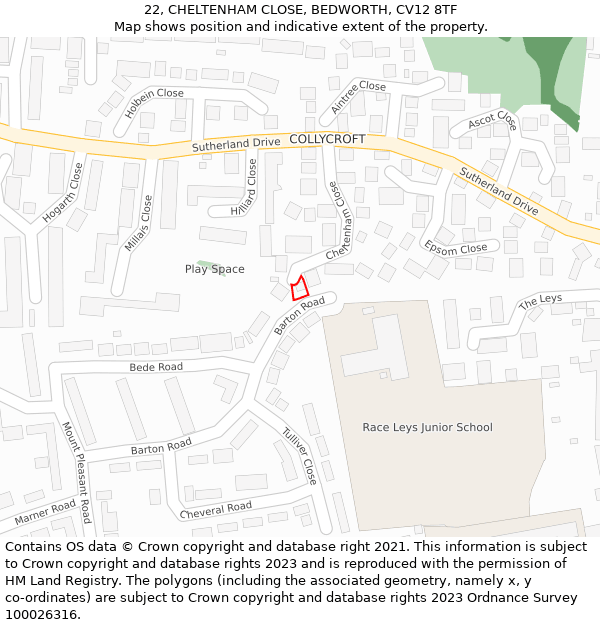 22, CHELTENHAM CLOSE, BEDWORTH, CV12 8TF: Location map and indicative extent of plot