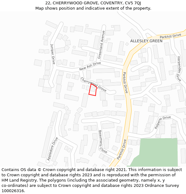 22, CHERRYWOOD GROVE, COVENTRY, CV5 7QJ: Location map and indicative extent of plot