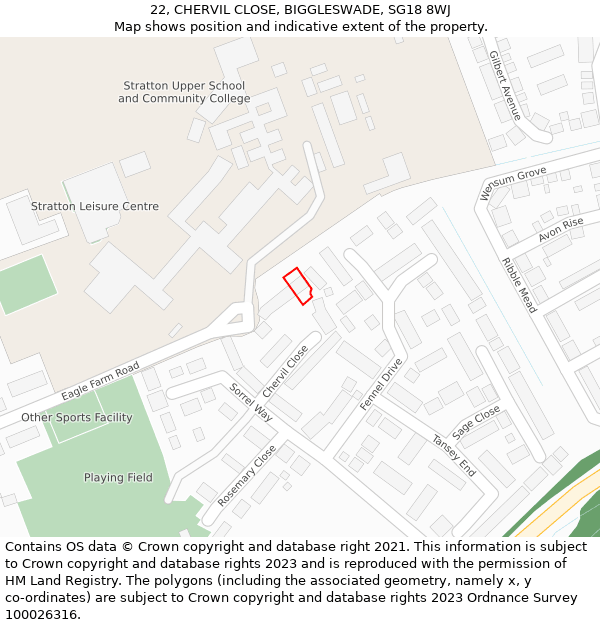 22, CHERVIL CLOSE, BIGGLESWADE, SG18 8WJ: Location map and indicative extent of plot