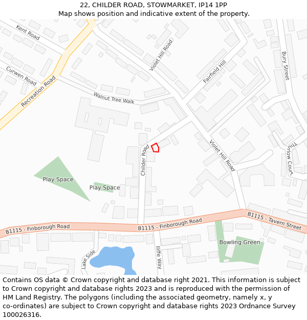 22, CHILDER ROAD, STOWMARKET, IP14 1PP: Location map and indicative extent of plot