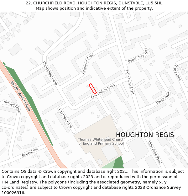 22, CHURCHFIELD ROAD, HOUGHTON REGIS, DUNSTABLE, LU5 5HL: Location map and indicative extent of plot