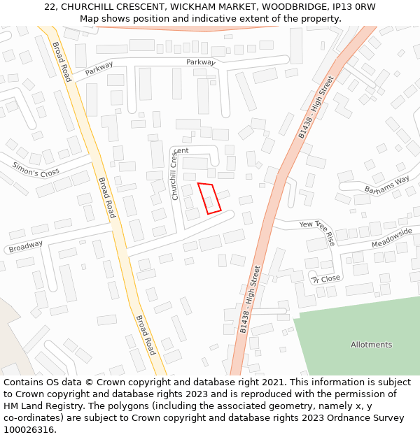 22, CHURCHILL CRESCENT, WICKHAM MARKET, WOODBRIDGE, IP13 0RW: Location map and indicative extent of plot
