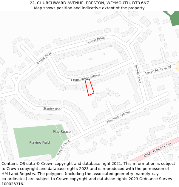 22, CHURCHWARD AVENUE, PRESTON, WEYMOUTH, DT3 6NZ: Location map and indicative extent of plot