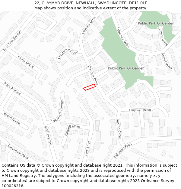 22, CLAYMAR DRIVE, NEWHALL, SWADLINCOTE, DE11 0LF: Location map and indicative extent of plot