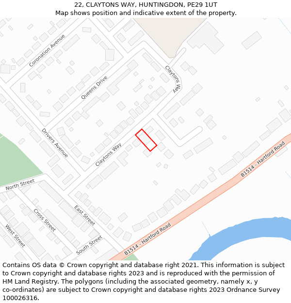 22, CLAYTONS WAY, HUNTINGDON, PE29 1UT: Location map and indicative extent of plot