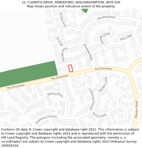 22, CLEMATIS DRIVE, PENDEFORD, WOLVERHAMPTON, WV9 5SD: Location map and indicative extent of plot