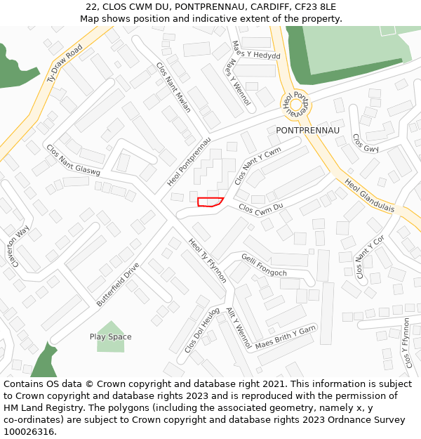 22, CLOS CWM DU, PONTPRENNAU, CARDIFF, CF23 8LE: Location map and indicative extent of plot