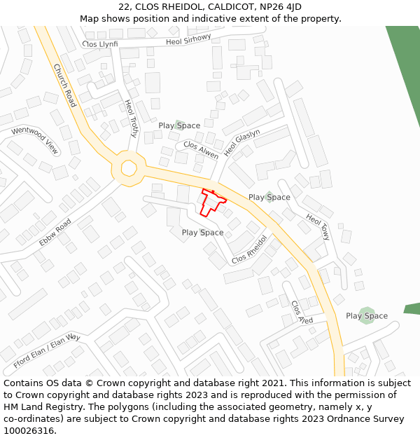 22, CLOS RHEIDOL, CALDICOT, NP26 4JD: Location map and indicative extent of plot