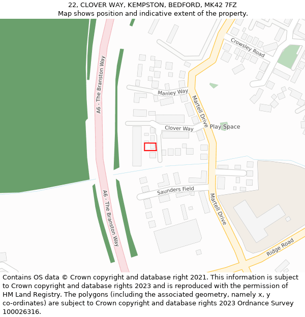 22, CLOVER WAY, KEMPSTON, BEDFORD, MK42 7FZ: Location map and indicative extent of plot
