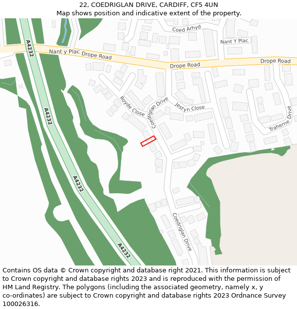 22, COEDRIGLAN DRIVE, CARDIFF, CF5 4UN: Location map and indicative extent of plot