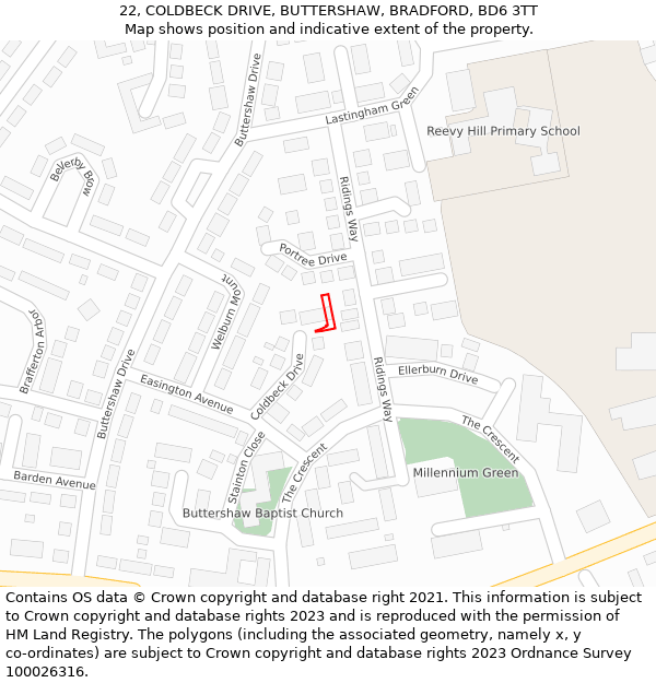 22, COLDBECK DRIVE, BUTTERSHAW, BRADFORD, BD6 3TT: Location map and indicative extent of plot