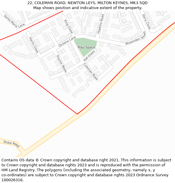 22, COLEMAN ROAD, NEWTON LEYS, MILTON KEYNES, MK3 5QD: Location map and indicative extent of plot