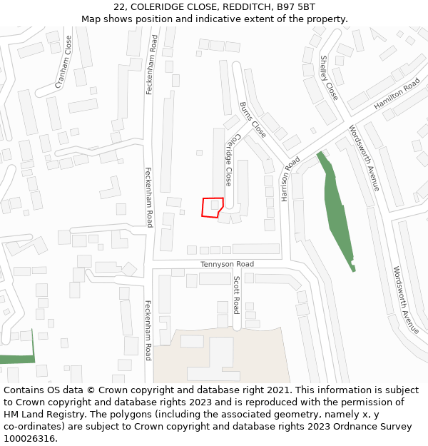 22, COLERIDGE CLOSE, REDDITCH, B97 5BT: Location map and indicative extent of plot