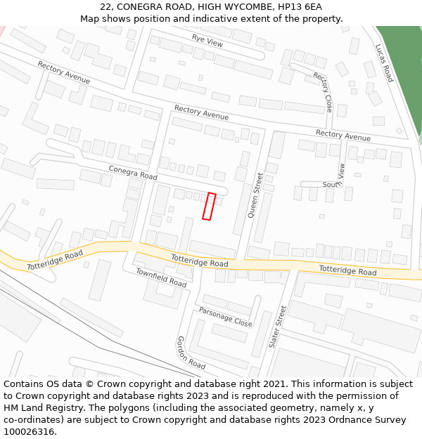 22, CONEGRA ROAD, HIGH WYCOMBE, HP13 6EA: Location map and indicative extent of plot