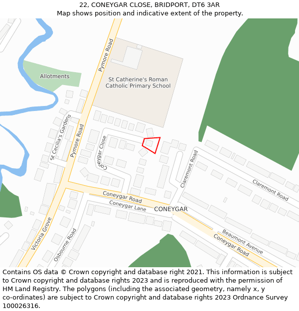 22, CONEYGAR CLOSE, BRIDPORT, DT6 3AR: Location map and indicative extent of plot