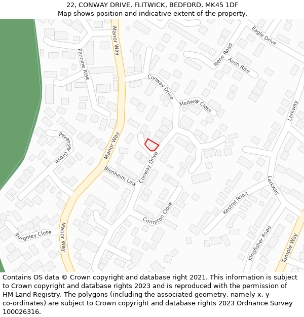 22, CONWAY DRIVE, FLITWICK, BEDFORD, MK45 1DF: Location map and indicative extent of plot