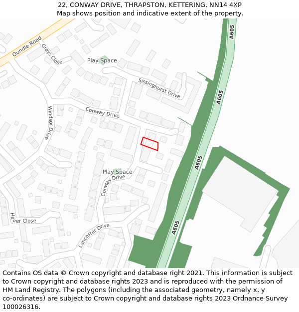 22, CONWAY DRIVE, THRAPSTON, KETTERING, NN14 4XP: Location map and indicative extent of plot