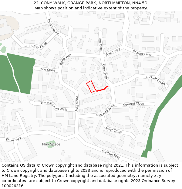 22, CONY WALK, GRANGE PARK, NORTHAMPTON, NN4 5DJ: Location map and indicative extent of plot