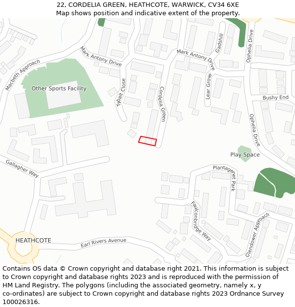 22, CORDELIA GREEN, HEATHCOTE, WARWICK, CV34 6XE: Location map and indicative extent of plot