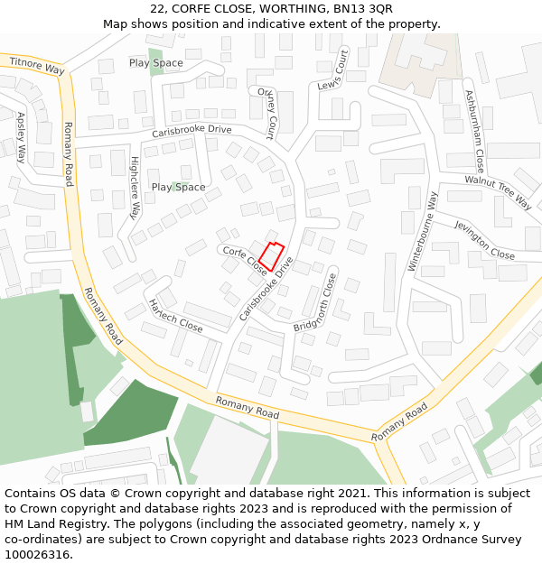 22, CORFE CLOSE, WORTHING, BN13 3QR: Location map and indicative extent of plot