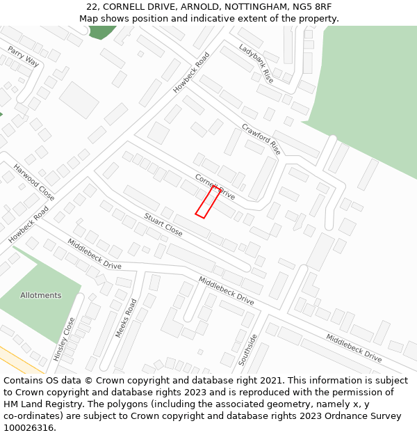 22, CORNELL DRIVE, ARNOLD, NOTTINGHAM, NG5 8RF: Location map and indicative extent of plot