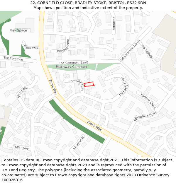 22, CORNFIELD CLOSE, BRADLEY STOKE, BRISTOL, BS32 9DN: Location map and indicative extent of plot