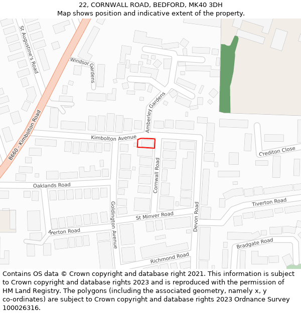 22, CORNWALL ROAD, BEDFORD, MK40 3DH: Location map and indicative extent of plot