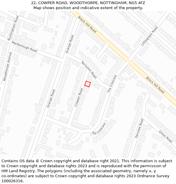 22, COWPER ROAD, WOODTHORPE, NOTTINGHAM, NG5 4FZ: Location map and indicative extent of plot