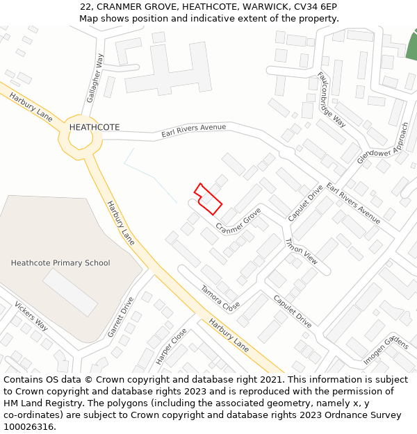 22, CRANMER GROVE, HEATHCOTE, WARWICK, CV34 6EP: Location map and indicative extent of plot